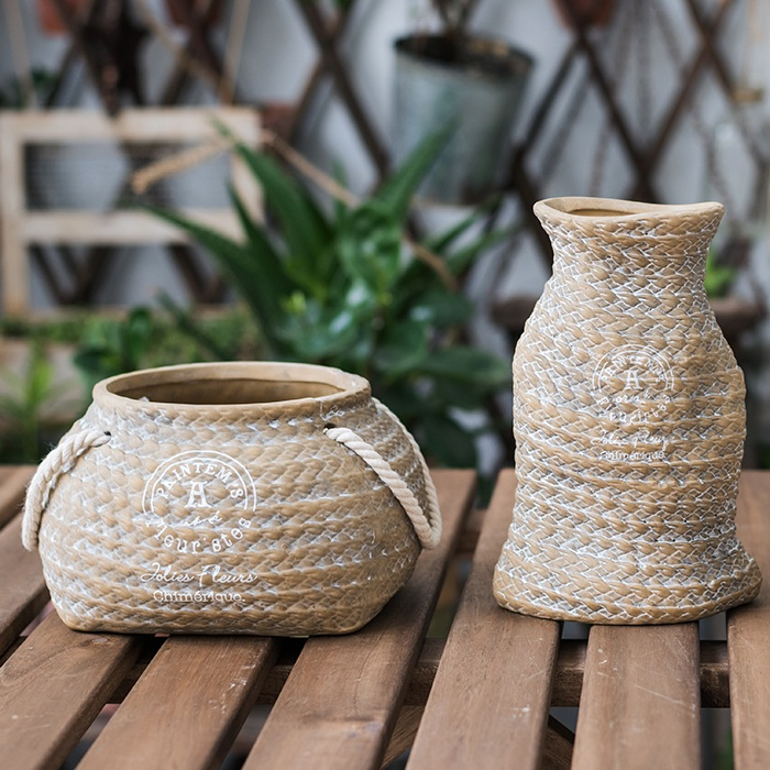 Rustieke Keramische Plantenpot Terrana Jute | Henneptas Ontwerp met Touwhandvatten | Decoratieve Accent voor Binnen en Buiten | Tuin Woonkamer