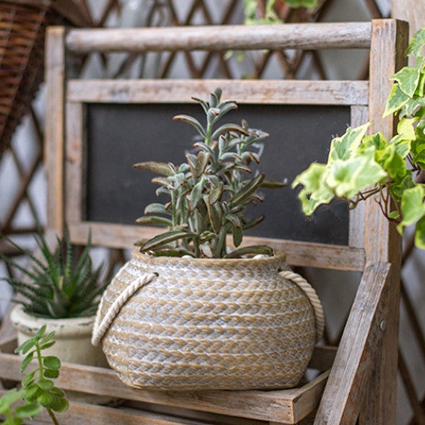 Rustieke Keramische Plantenpot Terrana Jute | Henneptas Ontwerp met Touwhandvatten | Decoratieve Accent voor Binnen en Buiten | Tuin Woonkamer